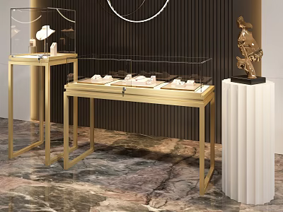 Elegant Glass Display Cabinets With Golden Metal Frame Showcasing Jewelry On Marble Floor 3d model