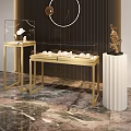 Elegant Glass Display Cabinets With Golden Metal Frame Showcasing Jewelry On Marble Floor