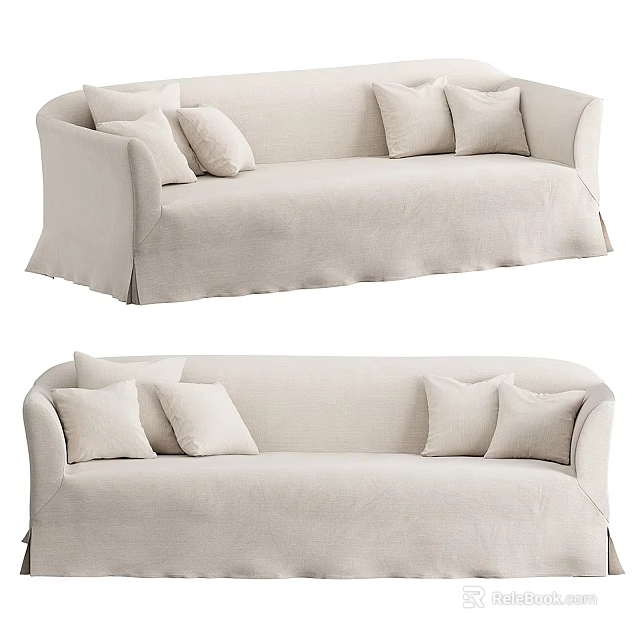 Modern Living Room Beige Linen Multi-seat Sofa With Fitted Cover And Multiple Soft Cushions 3d model 