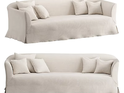 Modern Living Room Beige Linen Multi-seat Sofa With Fitted Cover And Multiple Soft Cushions 3d model