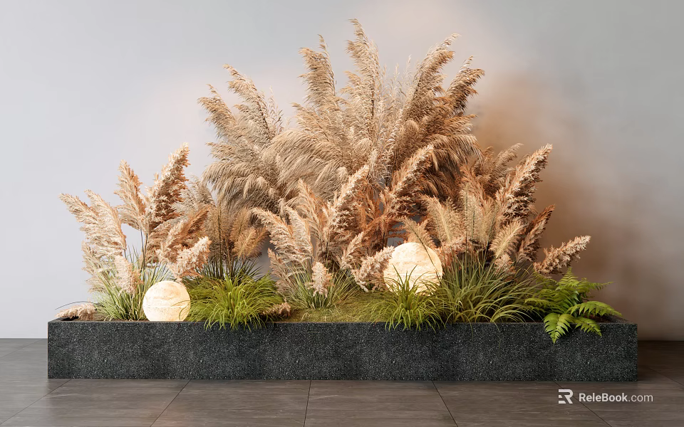 Brown Grass Plants With Green Fern And White Spherical Lights In Black Planter Gray Wall 3d model 