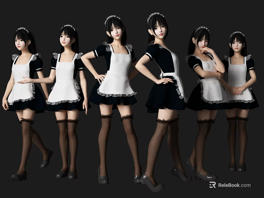 Women In Classic Black And White Maid Costumes With Various Poses 3d model 