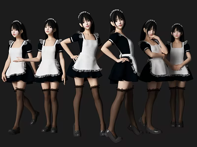 Women In Classic Black And White Maid Costumes With Various Poses 3d model