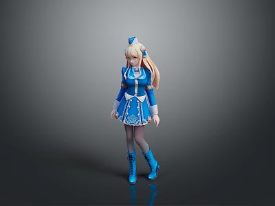 3D Model Woman In Blue Dress With Long Blonde Twin Ponytails And Blue Boots 3d model