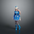 3D Model Woman In Blue Dress With Long Blonde Twin Ponytails And Blue Boots