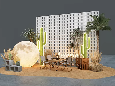 Cozy Tea Break Area With Cacti Large Moon Palm Tree And Autumn Neon Sign 3d model