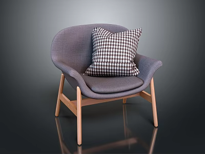 Stylish Gray Single Sofa With Checkered Pillow And Wooden Legs For Modern Living Room 3d model