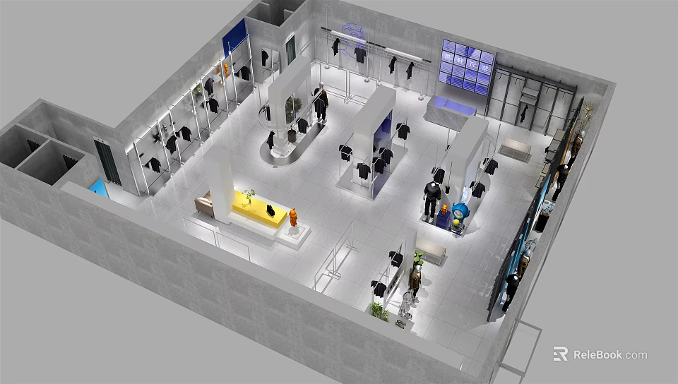 Modern Clothing Store Interior With Clothing Racks Mannequins And Display Areas 3d model 