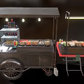 Grilled Skewers At Food Stall With Multiple Trays Red Chairs Black Tables And Condiment Bottles