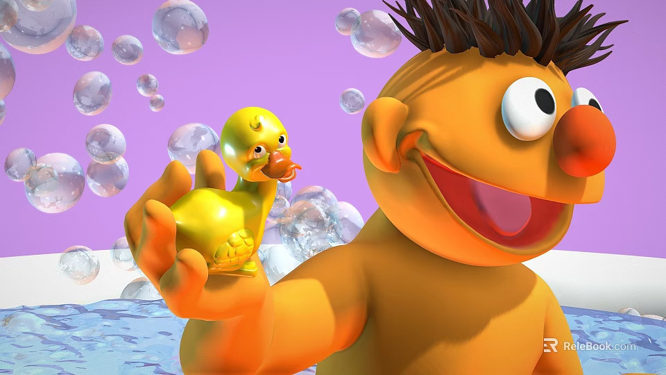 Cheerful Orange Cartoon Character Holding Yellow Rubber Duck With Bubbles 3d model 