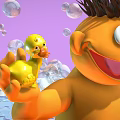 Cheerful Orange Cartoon Character Holding Yellow Rubber Duck With Bubbles