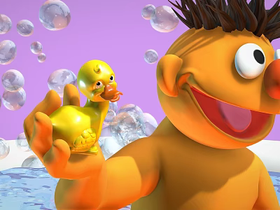 Cheerful Orange Cartoon Character Holding Yellow Rubber Duck With Bubbles 3d model