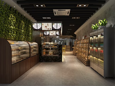 Modern Dessert Shop Interior With Glass Display Cases Assorted Pastries And Green Plant Wall 3d model