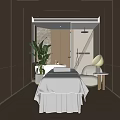 Elegant Beauty Treatment Room With White Sheet Bed Green Plant Round Lamp And Wooden Floor