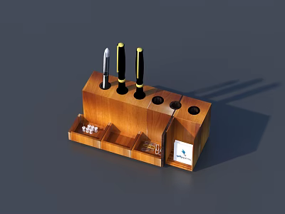 Wooden Knife Block With Knives Drawer And Label For Kitchen Organization 3d model