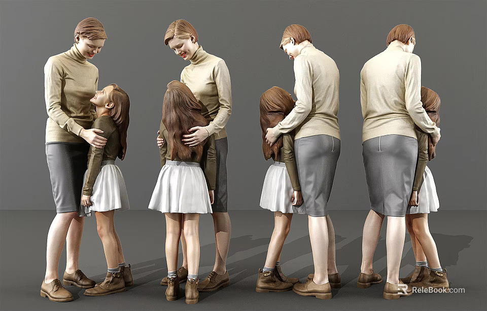 Woman And Little Girl In Different Embracing Poses With Casual Outfits 3d model 