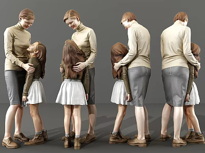 Woman And Little Girl In Different Embracing Poses With Casual Outfits 3d model