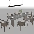 Modern Dining Table Set With Six Chairs Flower Vase Tableware And Hanging Light 3d model