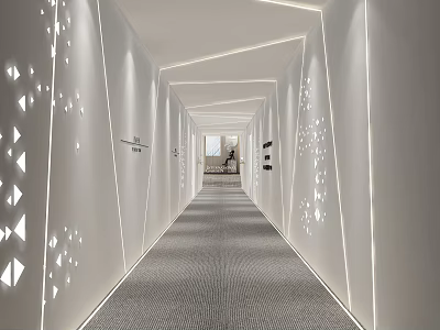 Modern Elevator Corridor With Integrated Lighting Wall Accents And Carpeted Floor 3d model
