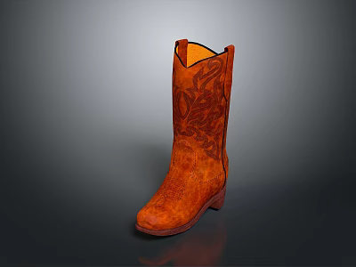 Brown Leather Knee High Boots With Floral Engraved Patterns For Daily Wear 3d model