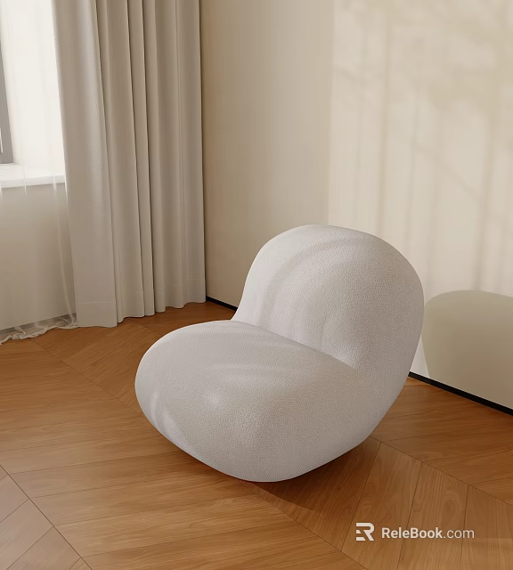 White Plush Single Sofa With Rounded Design On Wooden Floor And Light Curtains Natural Light 3d model 