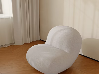 White Plush Single Sofa With Rounded Design On Wooden Floor And Light Curtains Natural Light 3d model