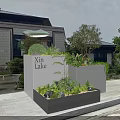 Bonsai Potted Plants with Xin Lake Pavilion Greenery and White Gray Square Structures