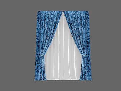 Blue Ornate Pattern Curtains With White Sheer Layer And Tied Back Design 3d model