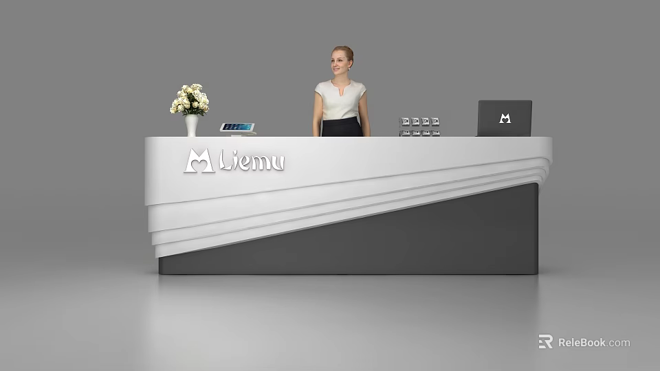 Modern White and Gray Reception Desk with Vase White Flowers Tablet Laptop Menu Sign 3d model 