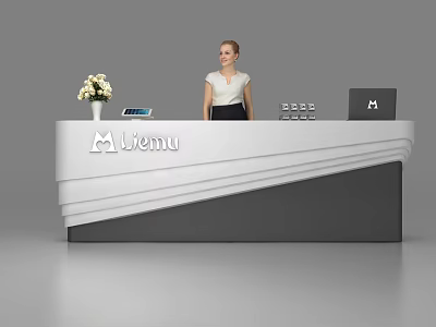 Modern White and Gray Reception Desk with Vase White Flowers Tablet Laptop Menu Sign 3d model