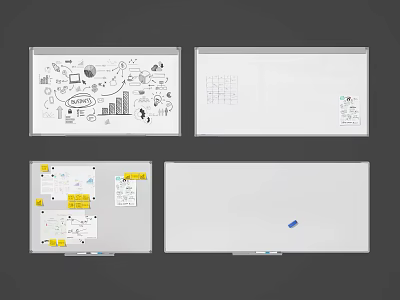 Different Whiteboard Surfaces With Hand Drawn Charts Sticky Notes And Blank Spaces 3d model