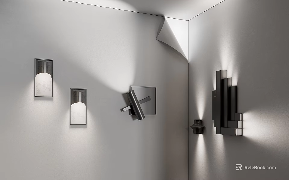 Contemporary Wall Sconces With Diverse Designs Installed On White Interior Walls 3d model 
