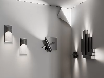 Contemporary Wall Sconces With Diverse Designs Installed On White Interior Walls 3d model