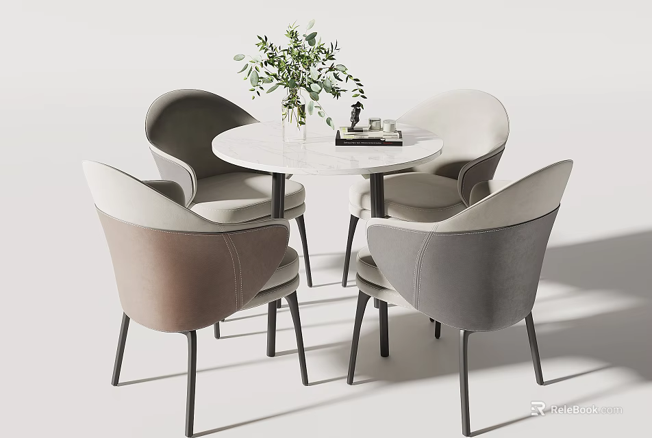 Modern Round White Marble Table with Gray and Beige Upholstered Chairs Set 3d model