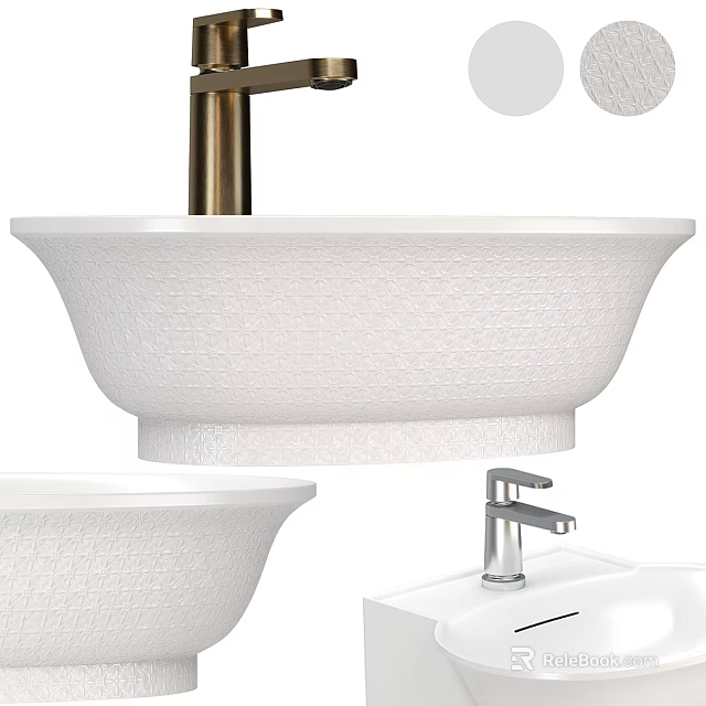 Elegant White Textured Ceramic Wash Basin With Gold Faucet And Countertop Design 3d model 