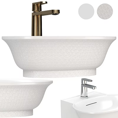 Elegant White Textured Ceramic Wash Basin With Gold Faucet And Countertop Design 3d model