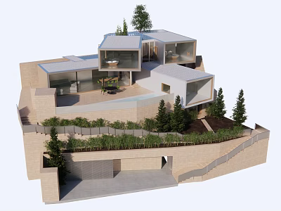 Modern Detached Villa With Geometric Architectural Design Roof Terrace And Garden Trees 3d model