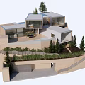 Modern Detached Villa With Geometric Architectural Design Roof Terrace And Garden Trees