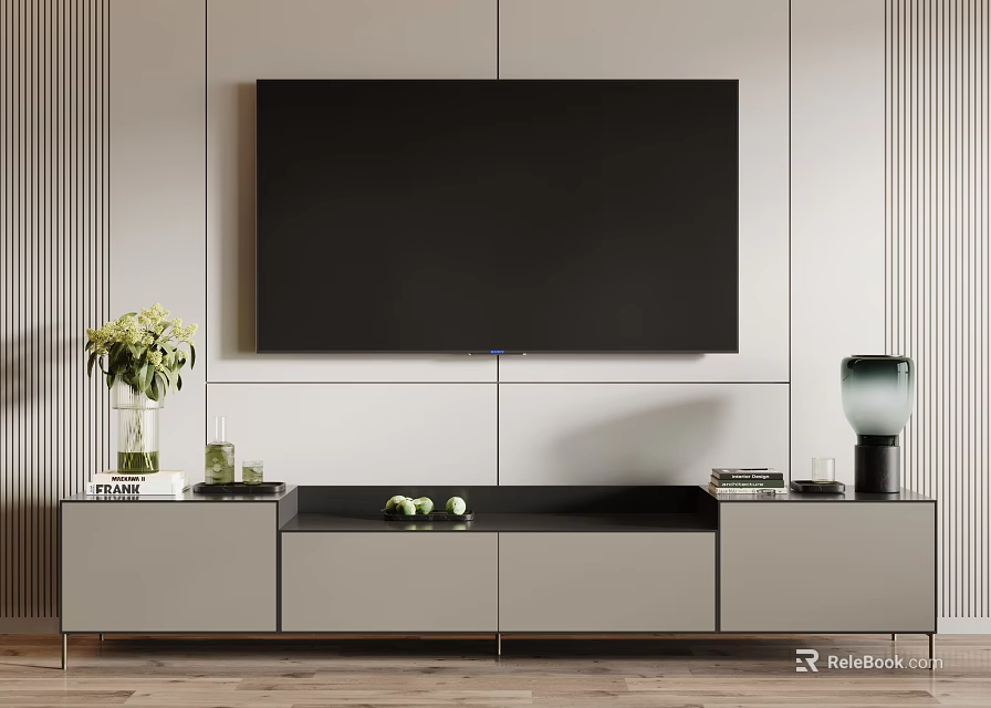 Modern TV Stand With Vase Flowers Books And Decorations Against Light Textured Wall 3d model 
