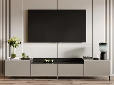 Modern TV Stand With Vase Flowers Books And Decorations Against Light Textured Wall 3d model