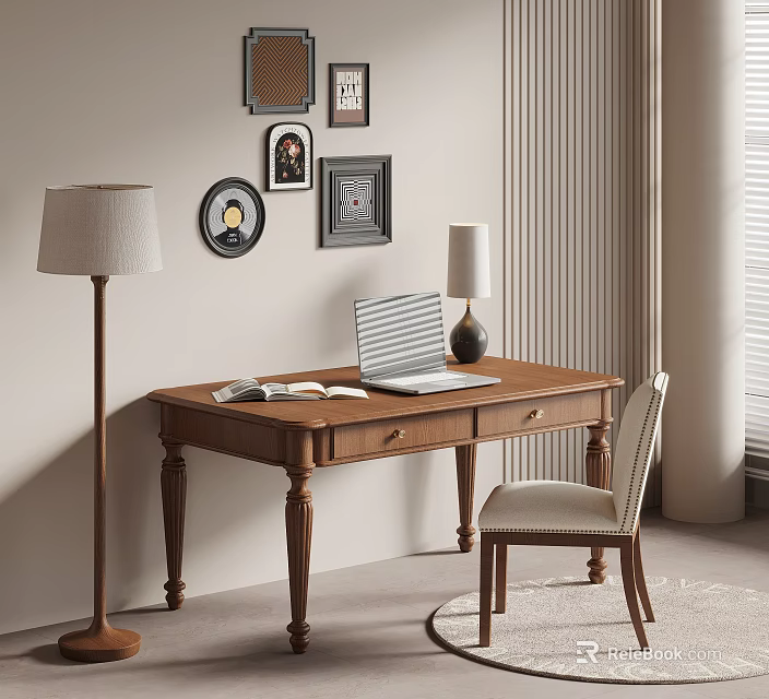 Classic Wooden Desk With Laptop Open Book Upholstered Chair Floor Lamp And Wall Frames 3d model 