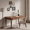 Classic Wooden Desk With Laptop Open Book Upholstered Chair Floor Lamp And Wall Frames