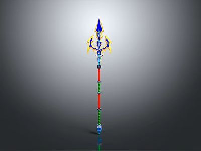 3D Model Spear With Blue Top Yellow Decorations And Red Green Shaft 3d model
