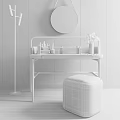 Modern Elegant Vanity Table Design With Round Mirror Orange Stool And Cosmetic Bottles 3d model