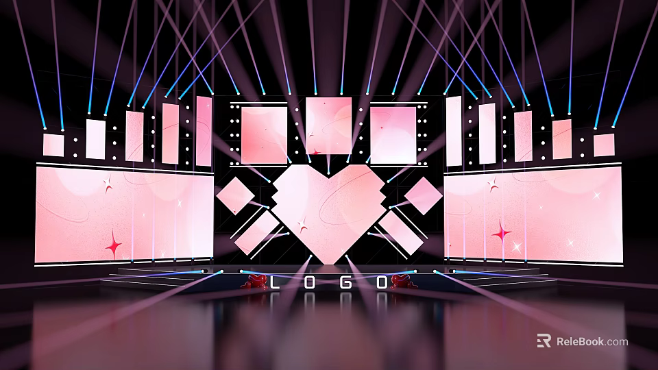 Romantic Stage Design With Pink Heart Central Display And Lighting Effects 3d model