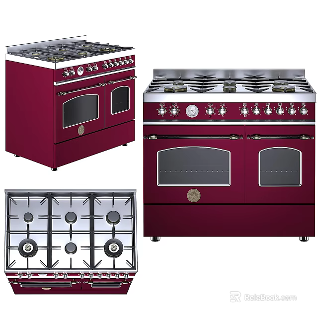 Maroon Gas Stove Oven Combo With Multiple Burners And Double Ovens 3d model 