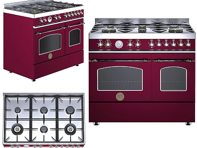 Maroon Gas Stove Oven Combo With Multiple Burners And Double Ovens 3d model