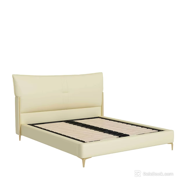 Cream Leather Double Bed with Wide Headboard Gold Legs and Black Mattress Stitching 3d model 