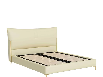 Cream Leather Double Bed with Wide Headboard Gold Legs and Black Mattress Stitching 3d model