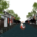 Ancient Architecture Along Waterway With White Walls Gray Tiles Boat Red Lanterns Pink Cherry Trees